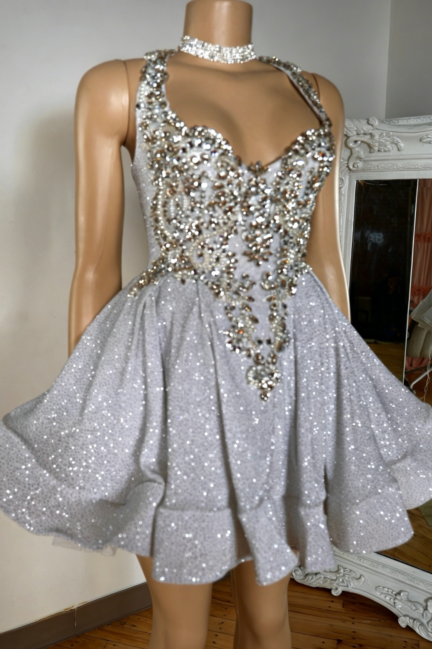 Glitter Halter Mini Dress with Beaded Bodice
