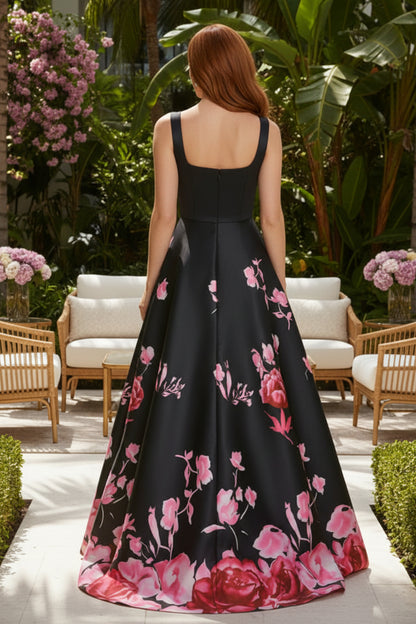 Floral Print Square Neck A-Line Evening Gown