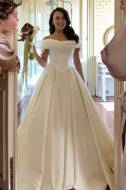 Off-the-Shoulder Pleated Satin Ball Gown Wedding Dress