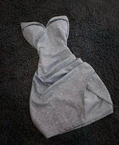 Strapless Sweetheart Ruched Glitter Mini Dress