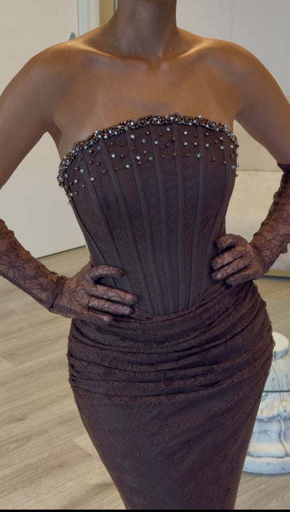 Strapless Beaded Corset Lace Evening Gown with Gloves