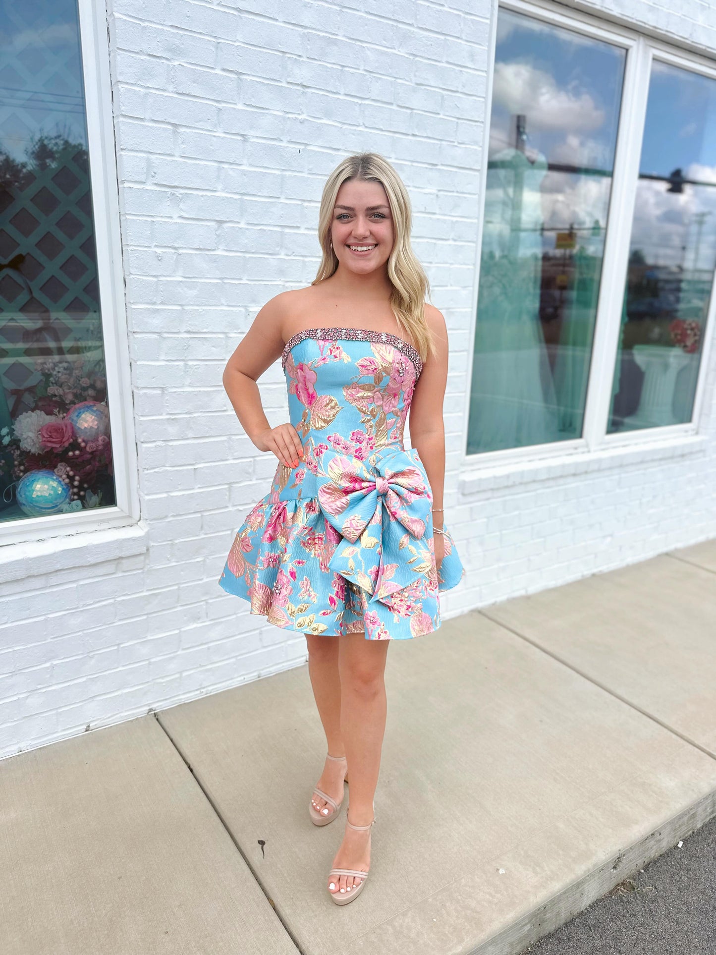 Strapless Floral Jacquard Mini Dress with Bow