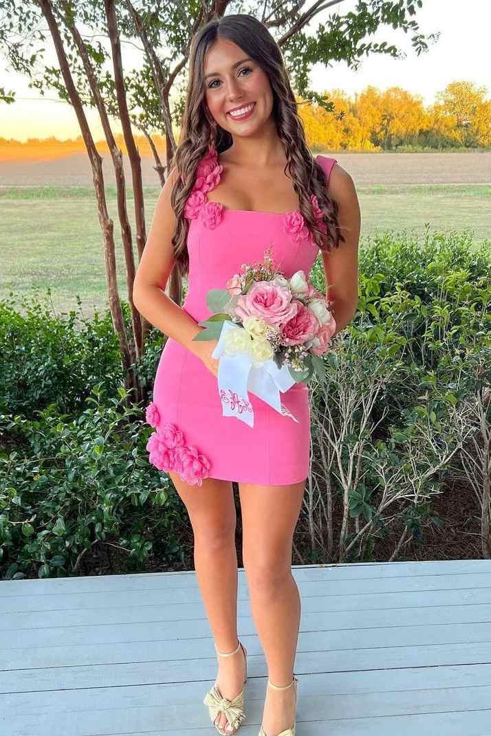 Square Neck Mini Dress with 3D Flower Appliques