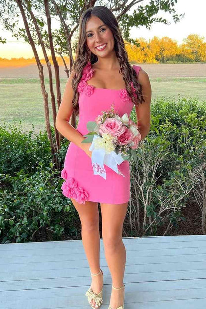 Square Neck Mini Dress with 3D Flower Appliques
