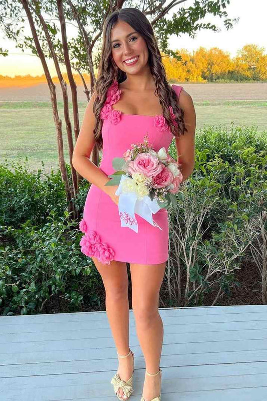 Square Neck Mini Dress with 3D Flower Appliques