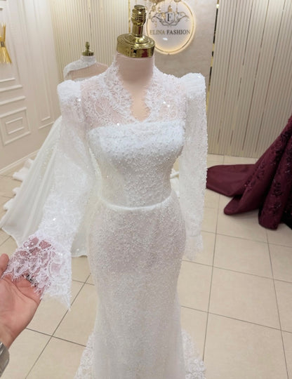 High Neck Lace Mermaid Wedding Dress with Long Sleeves