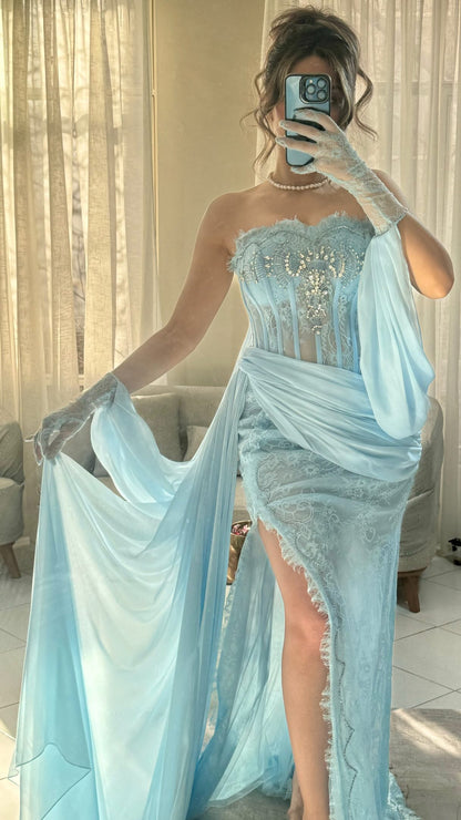 Strapless Lace Corset Gown with Draped Slit Skirt