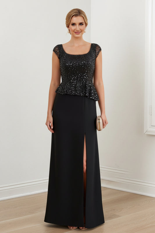 Black Sequin Peplum Bodice Floor-Length Mother of the Bride Dress with High Slit