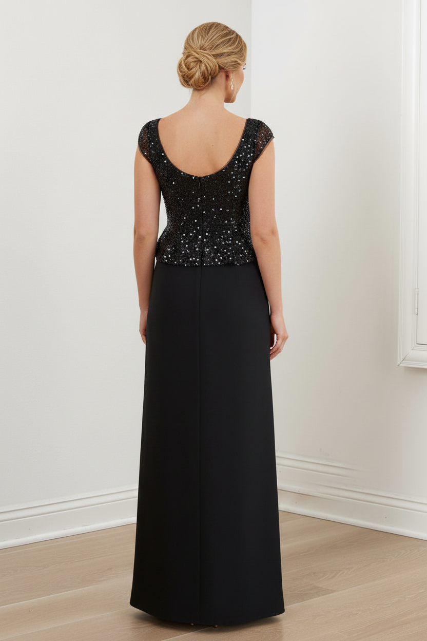 Black Sequin Peplum Bodice Floor-Length Mother of the Bride Dress with High Slit