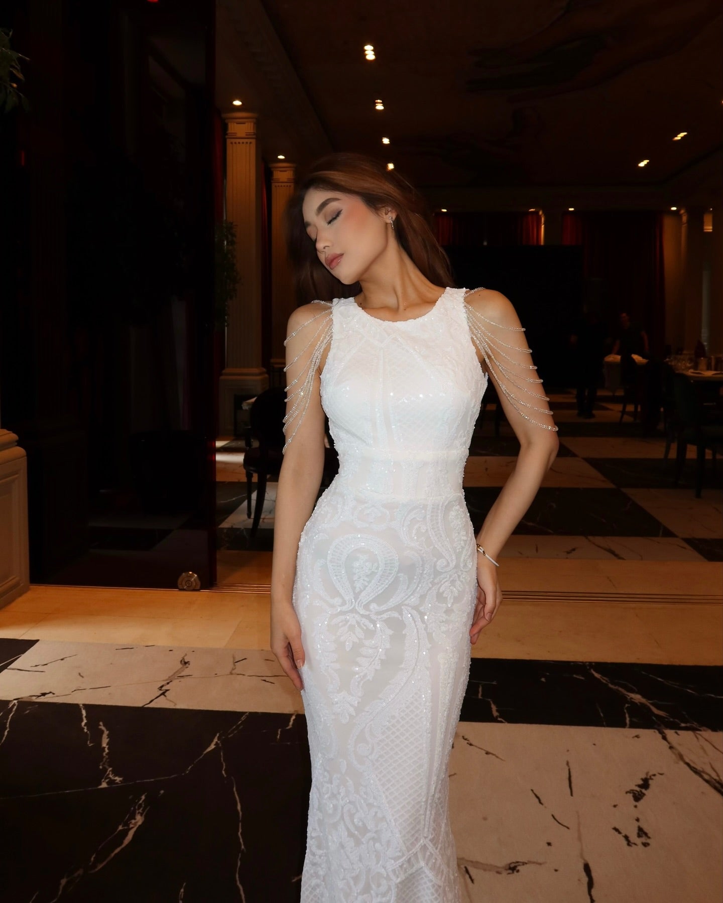 Backless Sequined Gown with Beaded Shoulder Drapes