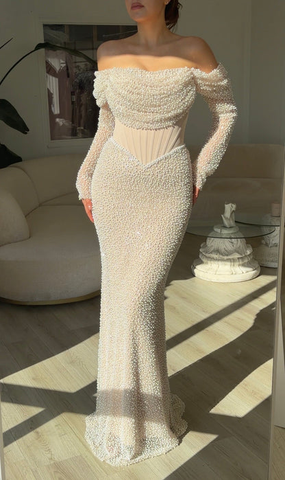 Beaded Corset Off-Shoulder Gown with Long Sleeves