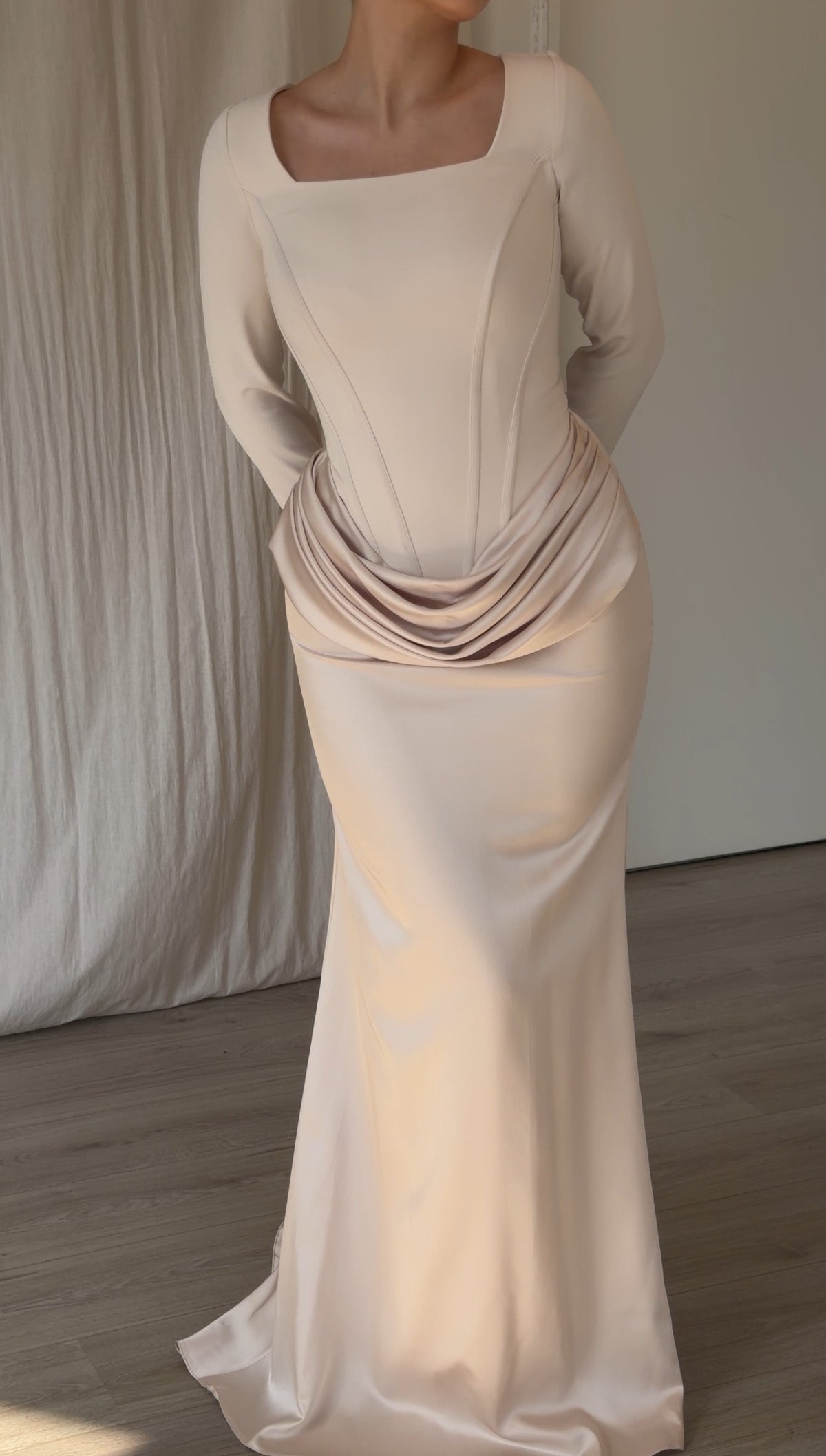 Long Sleeve Corset Gown with Draped Satin Skirt