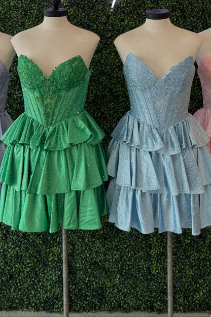 Corset Tiered Ruffle Mini Dress with Lace Bodice