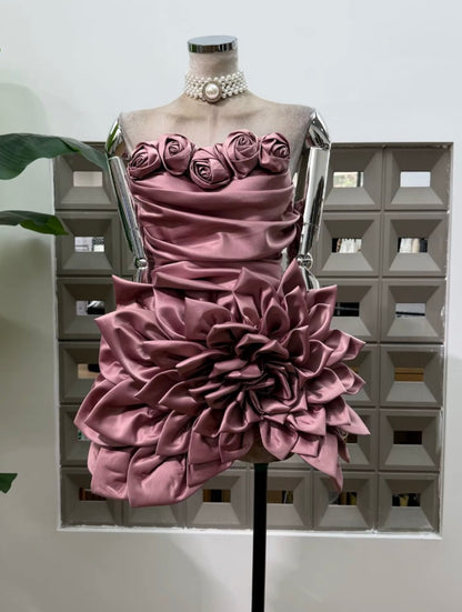 Strapless Ruched Mini Dress with 3D Floral Accents