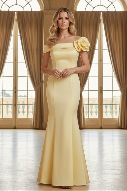 Off-Shoulder Mermaid Gown with 3D Floral Shoulder Detail