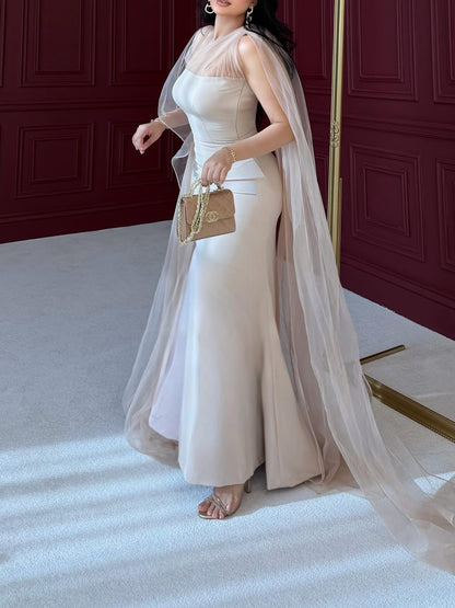 Elegant Mermaid Evening Gown with Sheer Cape Overlay