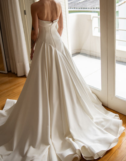 Strapless Drop Waist Satin Ball Gown Wedding Dress