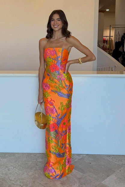 Strapless Floral Jacquard Floor-Length Gown