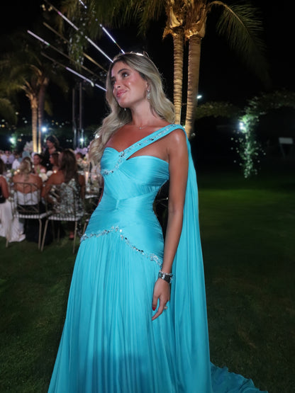 Asymmetric Pleated Chiffon Gown with Cape