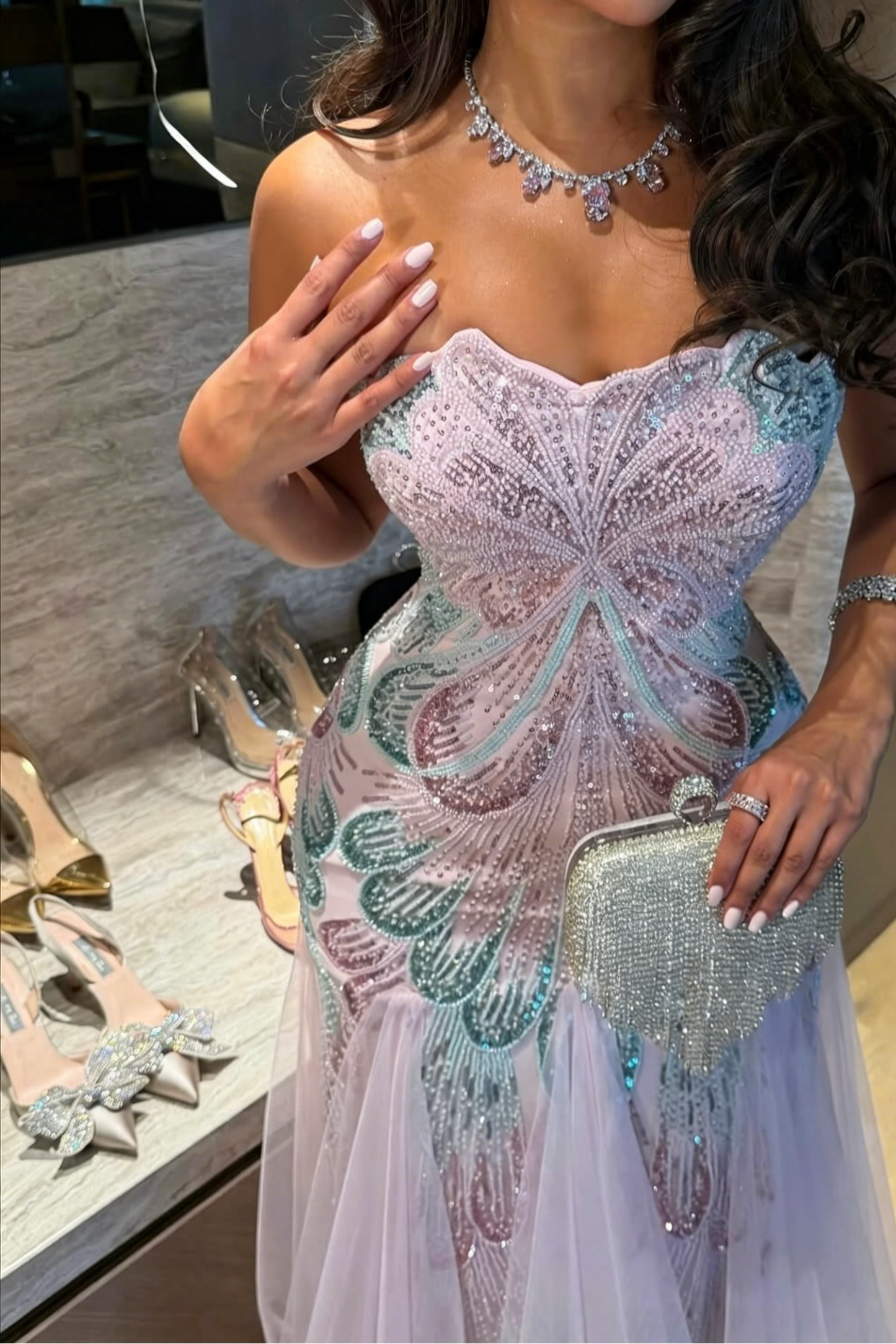 Strapless Sequined Mermaid Evening Gown with Tulle Skirt