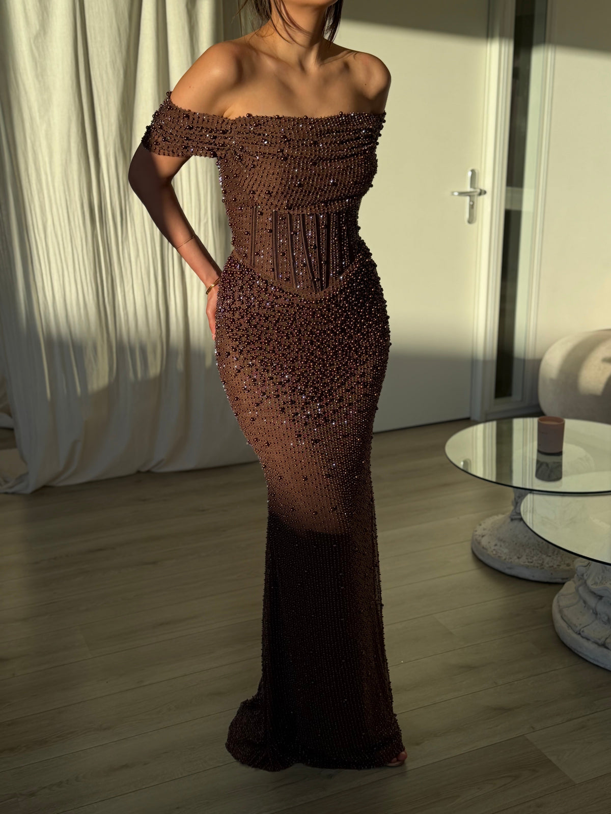 Beaded Corset Off-the-Shoulder Evening Gown