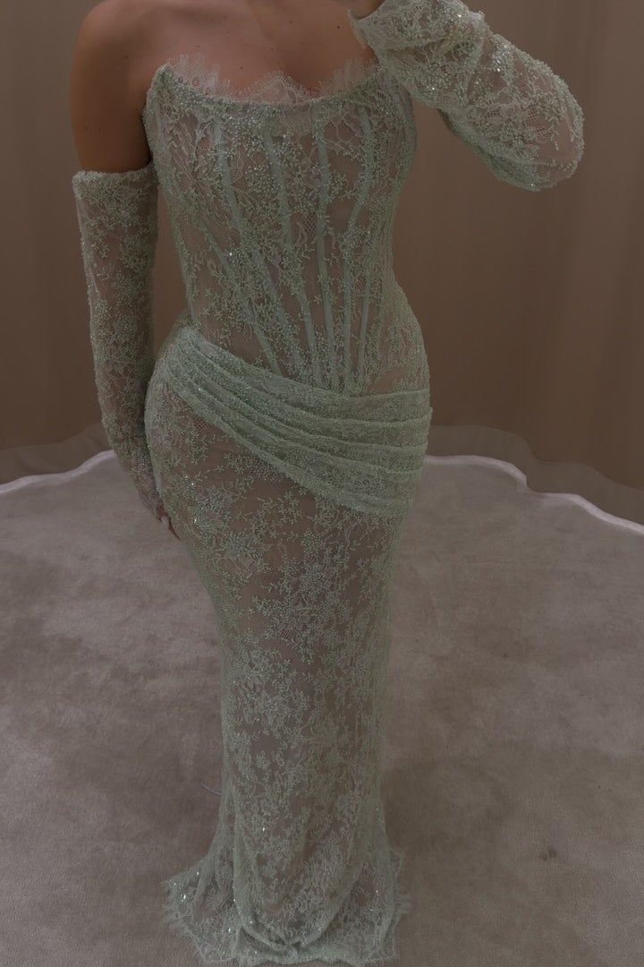 Corset Lace Evening Gown with Detached Sleeves
