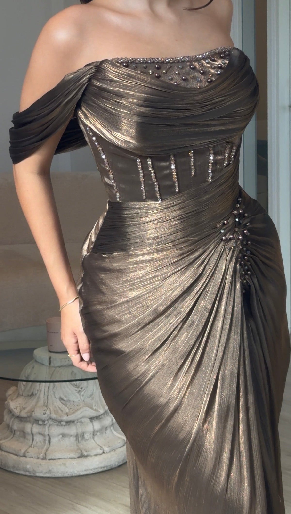 Draped Off-the-Shoulder Gown with Beading