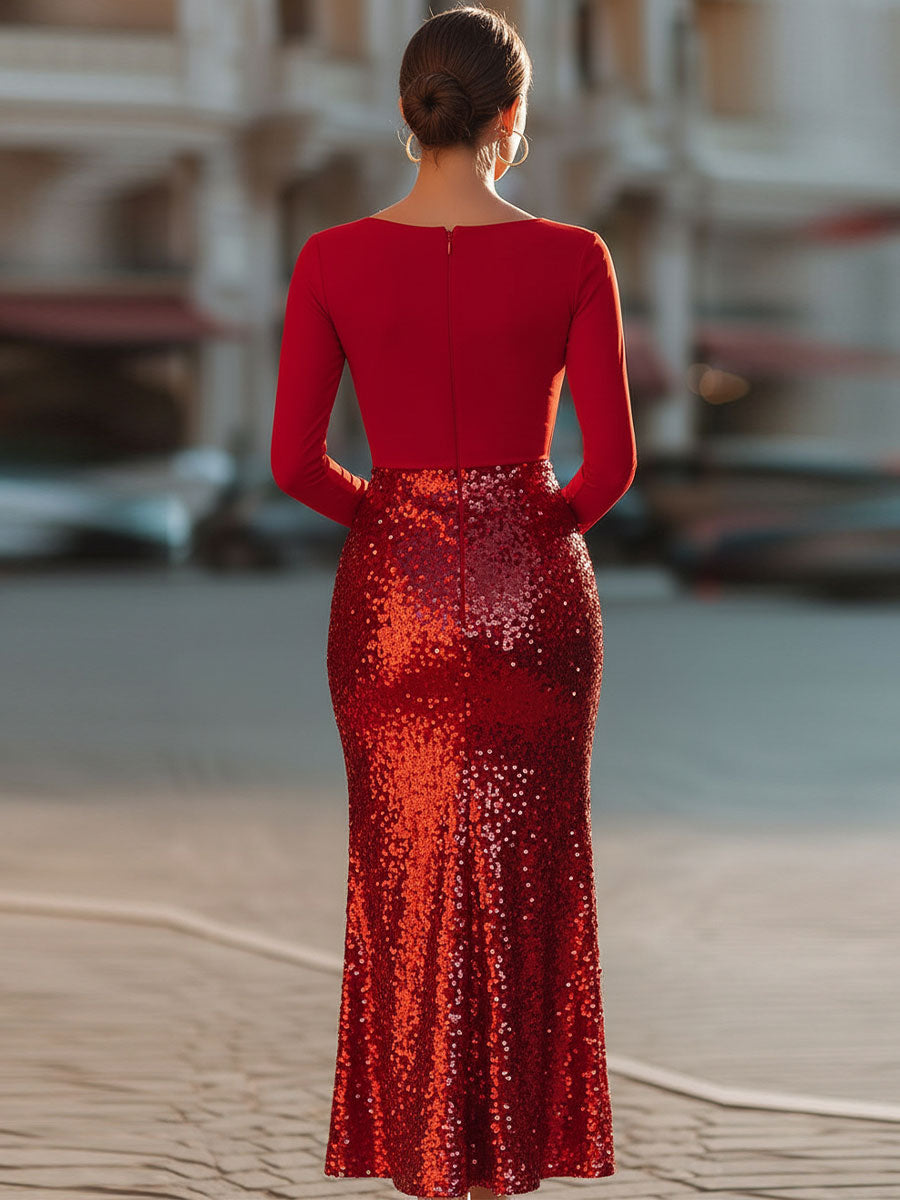 Long Sleeve Sequin Maxi Dress with High Slit