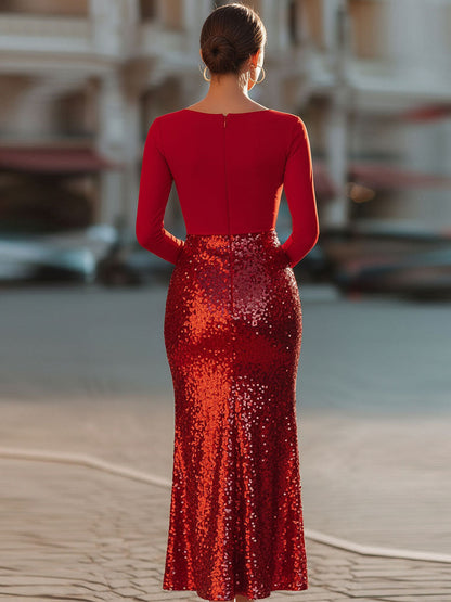 Long Sleeve Sequin Maxi Dress with High Slit