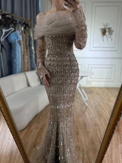 Off-The-Shoulder Beaded Mermaid Evening Gown