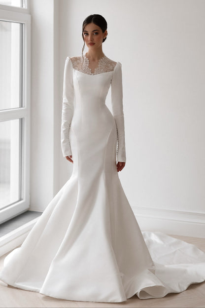 Long Sleeve Mermaid Wedding Dress with Lace Inset