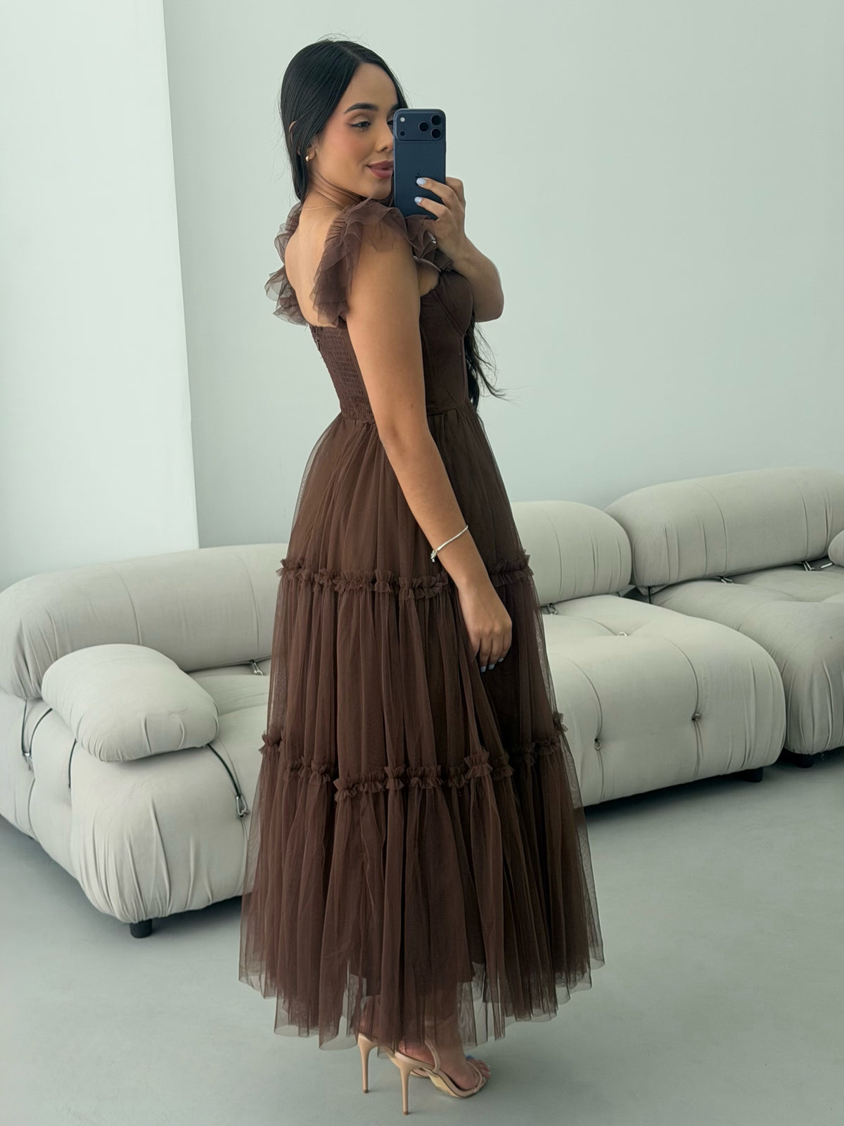Tiered Tulle Corset Midi Dress with Ruffle Straps