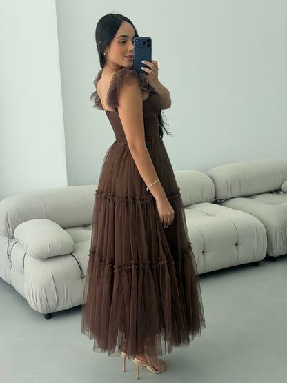 Tiered Tulle Corset Midi Dress with Ruffle Straps