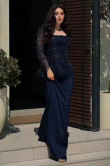 Beaded Peplum Long Sleeve Evening Gown