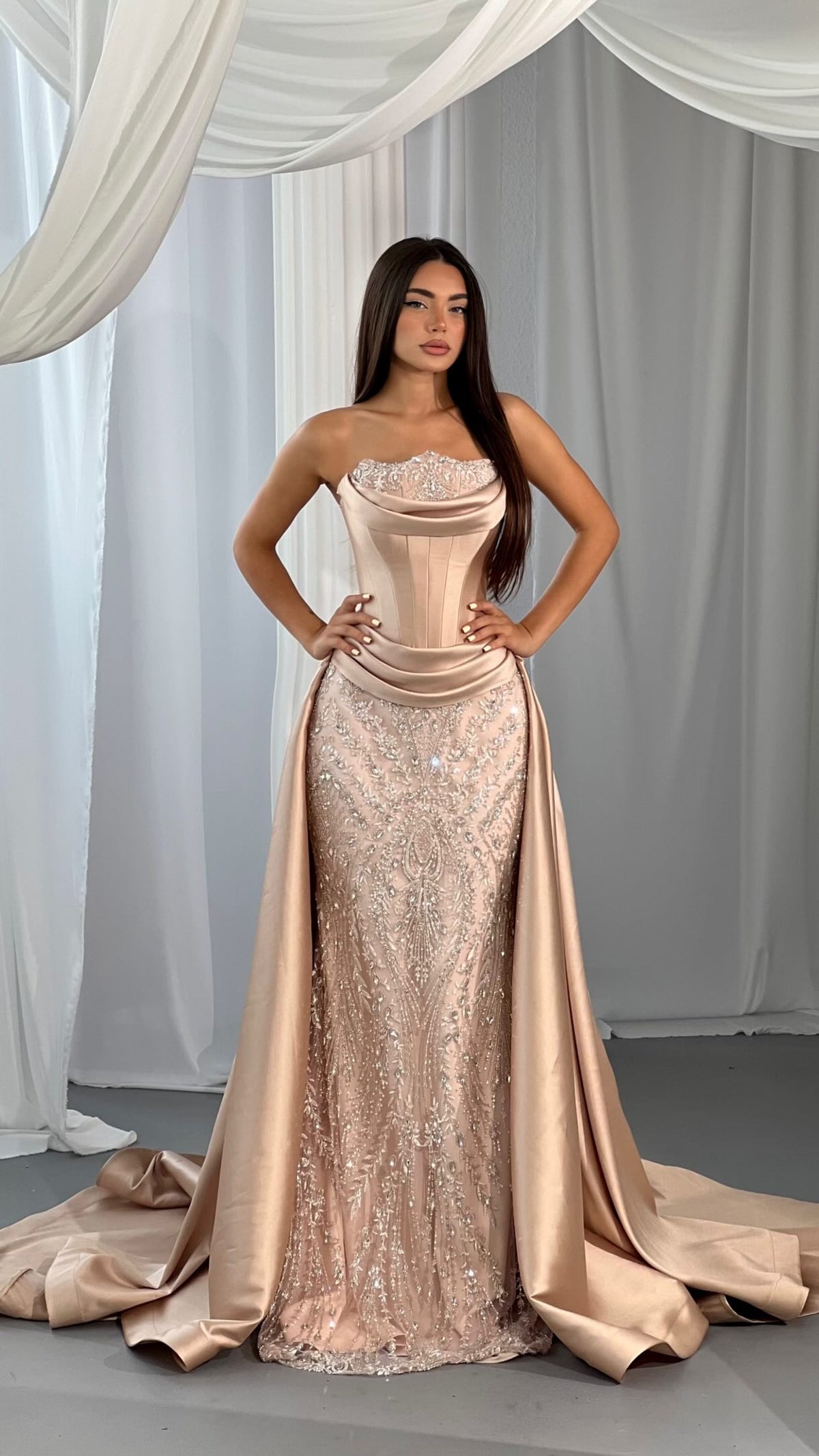 Corset Evening Gown with Embellished Skirt & Train