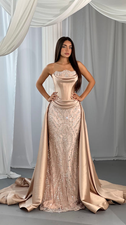 Corset Evening Gown with Embellished Skirt & Train