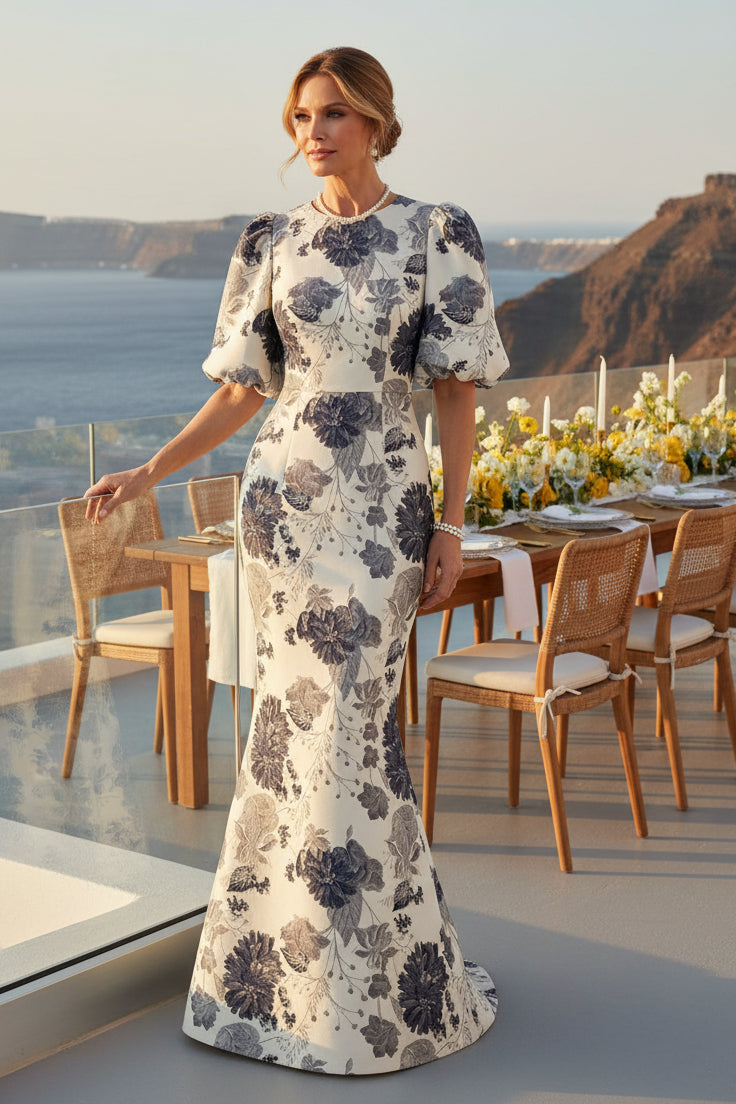 Floral Jacquard Puff Sleeve Mermaid Gown