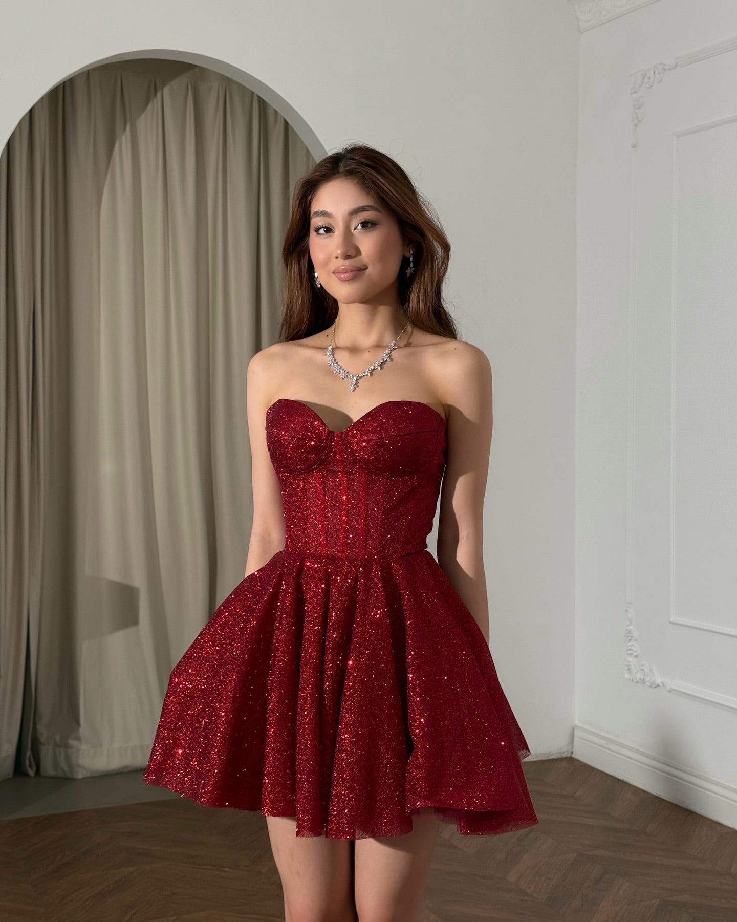 Strapless Sweetheart Glitter Corset Mini Dress