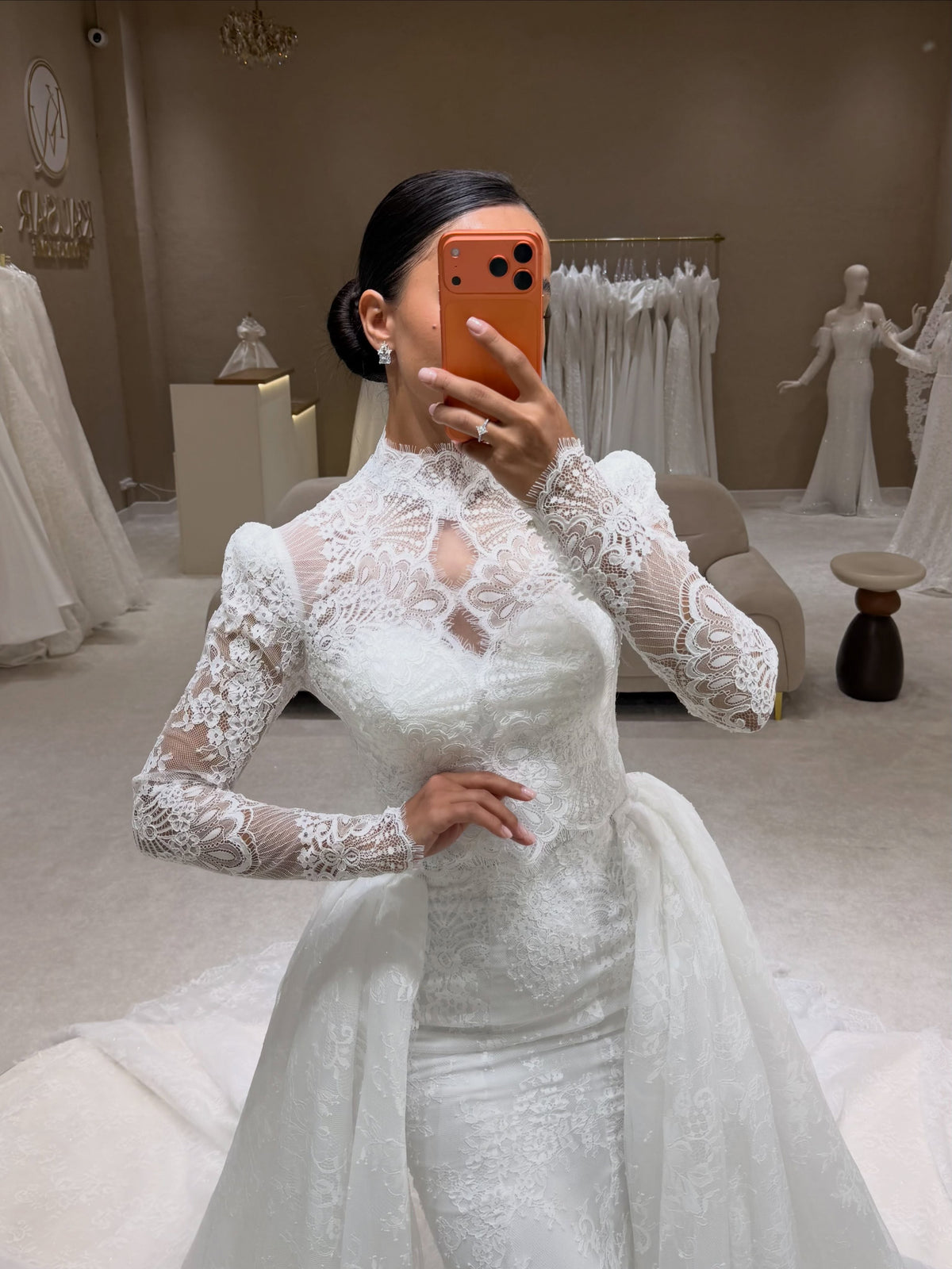 Lace High Neck Mermaid Wedding Dress with Overskirt