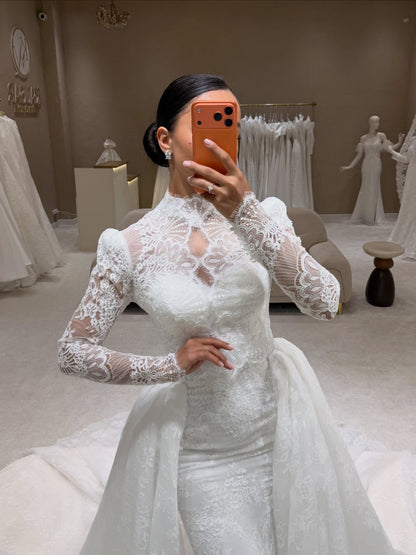 Lace High Neck Mermaid Wedding Dress with Overskirt