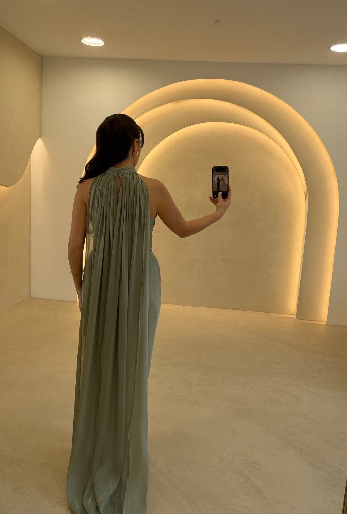Strapless Ruched Evening Gown with Dramatic Cape