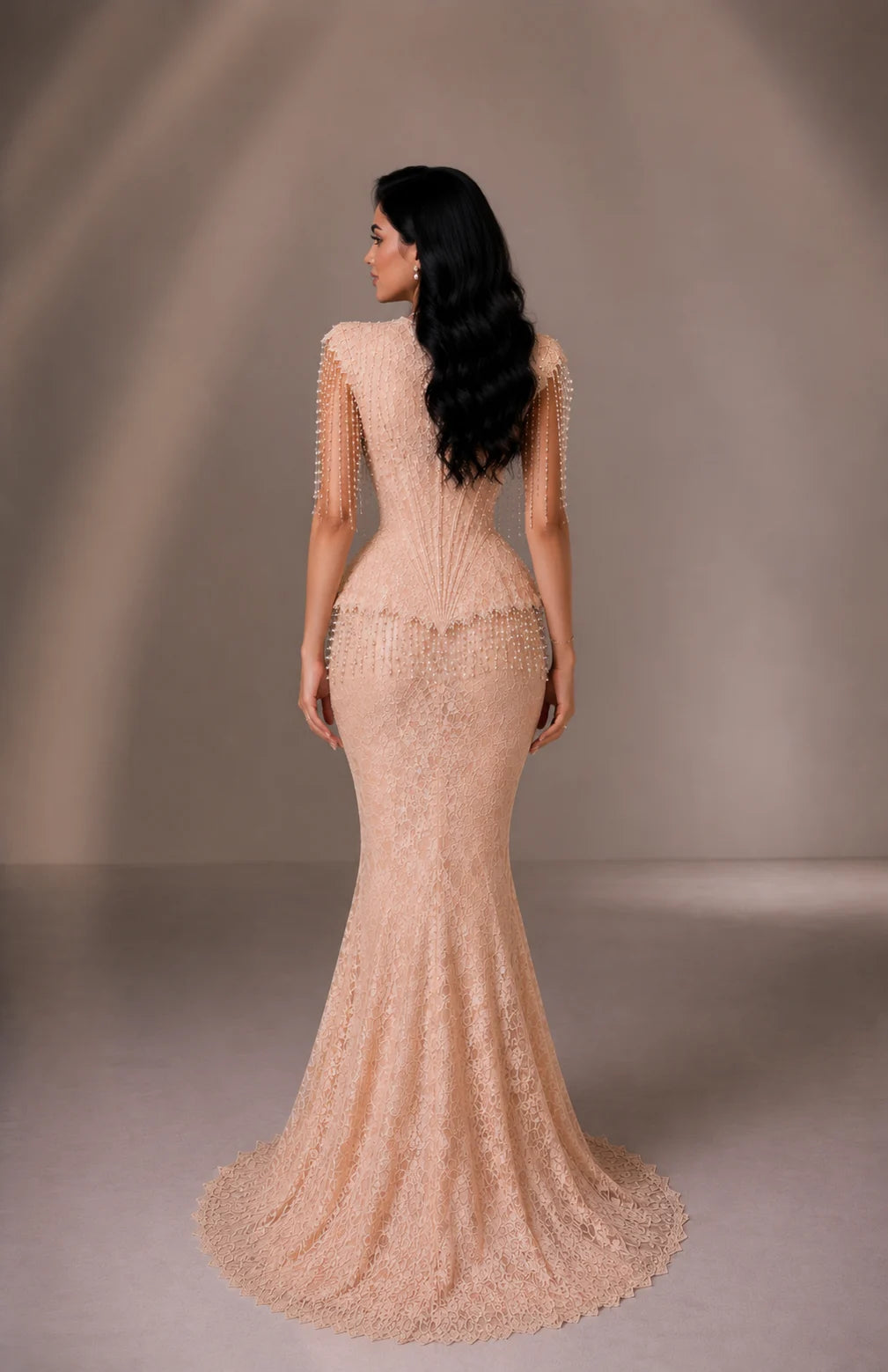 Pearl Fringe Sleeve Lace Mermaid Evening Gown