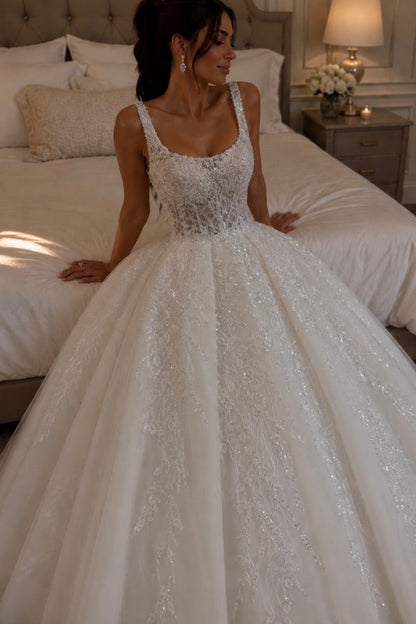 Beaded Lace Ball Gown Wedding Dress with Scoop Neck