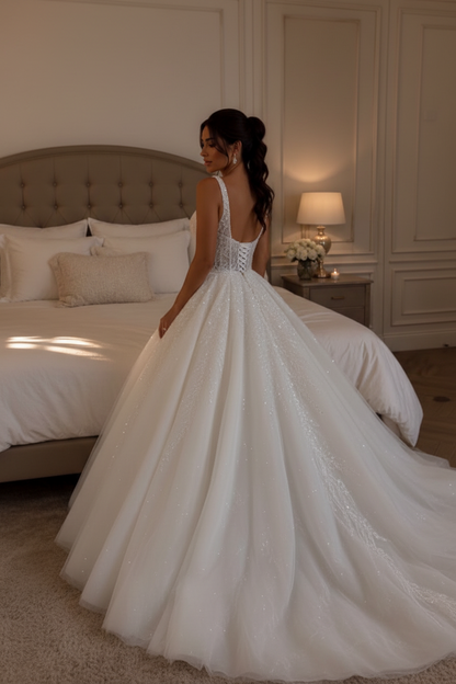 Beaded Lace Ball Gown Wedding Dress with Scoop Neck