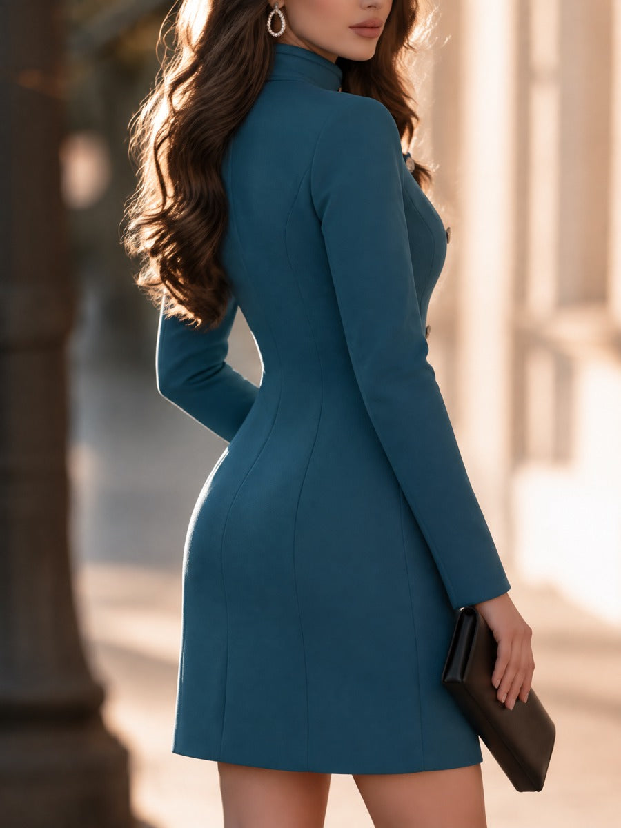 Asymmetrical Button Front Long Sleeve Mini Dress