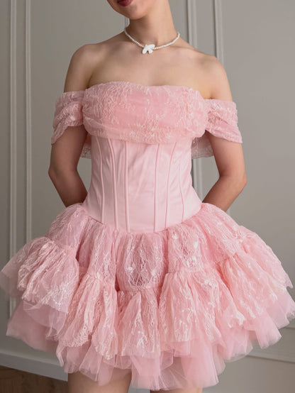 Off-the-Shoulder Corset Tiered Tulle Mini Dress