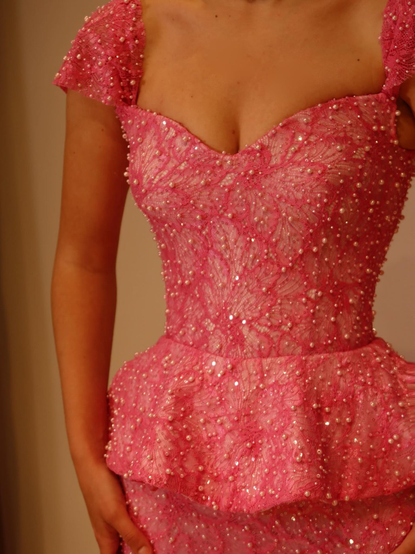 Pearl Beaded Mermaid Evening Gown with Peplum