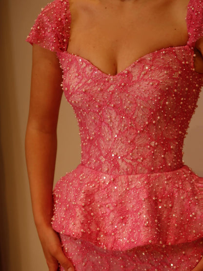 Pearl Beaded Mermaid Evening Gown with Peplum