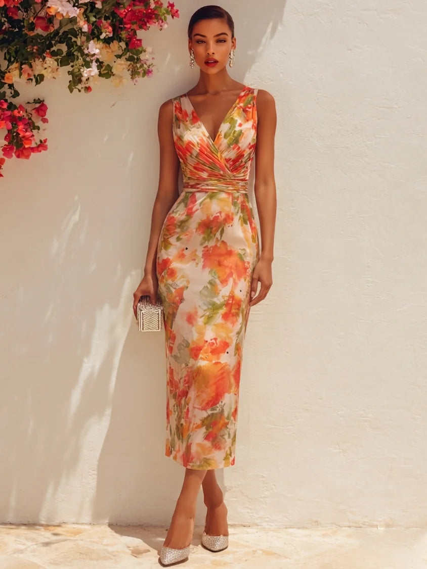 Floral Print Ruched V-Neck Midi Dress