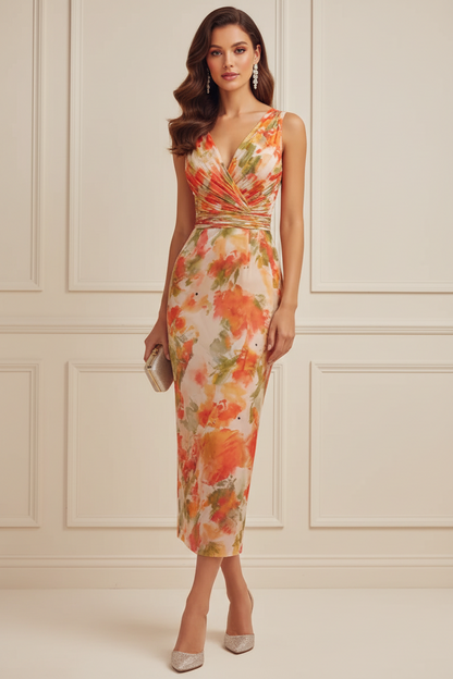 Floral Print Ruched V-Neck Midi Dress